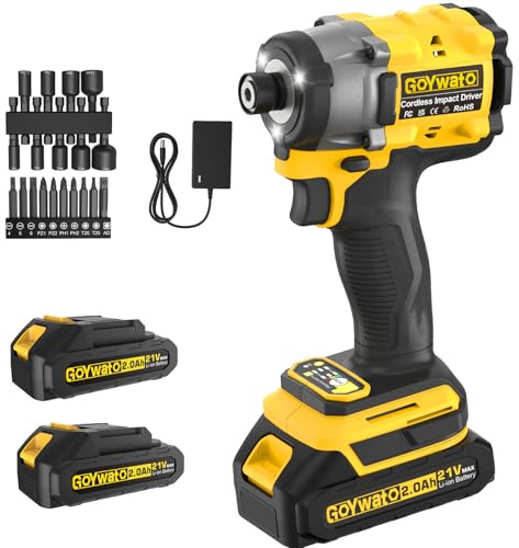 GoYwato Visseuse à Chocs Sans Fil 320N·m, Mandrin Hexagonal 1/4 Visseuse à Chocs Brushless 21V pour Travaux de Vissage Difficiles, avec 2 Batteries 2,0 Ah, 9 Douilles et 10 Embouts pour Bricolage