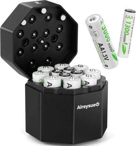 12Pack Rechargeable AA & AAA Battery Pack with Charger Startion (8pcs AA + 4pcs AAA), 1.5V Long-Lasting Lithium with Universal Charger & Storage Box for Blink Outdoor Cameras & Toys