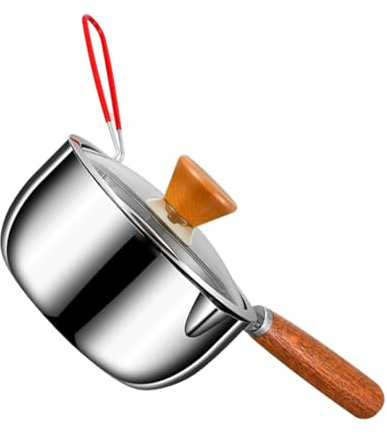 Guangcailun Pentola per il latte in acciaio a tre strati 304, manico in legno universale per fiamma libera, stile minimalista, o per preparare zuppe.