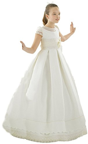 CoCogirls Niñas Blanco Primera Comunión Vestidos Princesa Satén Encaje Niños Media Manga Vestidos de Niña de Flores, Blanco, Aprox.Alter 12