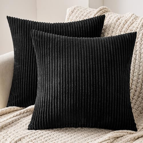 MIULEE 2er Set Kissenbezug 45x45 cm Kord Kissenhülle Sofakissen Schwarz | Dekorative Kissenbezug Couchkissen Dekokissen Zierkissenbezug Deko Kissenhülle mit Verstecktem Reißverschluss