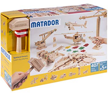 Matador Kinder Baukasten ab 5 Jahren 407-tlg. - Spannendes Holz Konstruktionsspielzeug zur Schulung von Kreativität und Feinmotorik, Bauspielzeug mit Stäbchen, Hammer & Zange