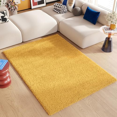 TAPISO Essence Teppich Hochflor Langflor Shaggy Gelb Senfgelb Rechteckig Super Weich Felloptik Schlafzimmer Wohnzimmer ÖKO-TEX 120 x 170 cm