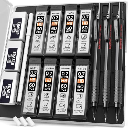 Nicpro 3 Piezas Lápices Mecánicos de 0,7 mm, Portaminas con 6 tubos Repuesto de Plomo HB, 3 Borradores, para Escritura, Dibujo, Boceto