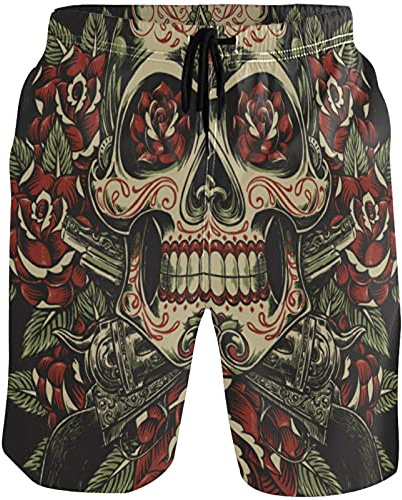 visesunny Stylish Skull Rose Gun Summer Men's Swim Trunks Quick Dry Bathing Suits Beach Holiday Party Swim Shorts