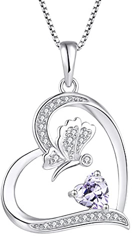 FJ Herz Damen Kette Schmetterling Anhänger Halskette 925 Sterling Silber Geburtsstein Kette Schmuck Geschenke für Frauen Mädchen