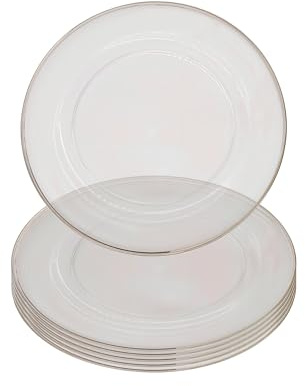 WedDecor 13inch, Decorative Glass 6pcs Charger Plates with Silver Trim – Silver Rim Glass Charger Plates, Perfect for Weddings, Banquets, Parties, Home Décor & Dining Events | Centerpiece Polypropylene Presentation Plate Set Dinner Table Decorations Weddings Christmas Dining Parties Tableware