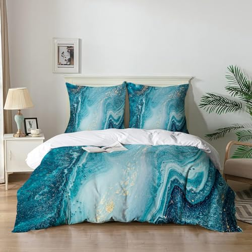 HOMHOMHA Bettwäsche 135x200 2teilig - Blau Grün Marmor Bettbezüge 135x200 cm + Kissenbezüge 80X80 cm - Bettwäsche-Sets Polyester Mikrofaser mit Reißverschluss(DLS)