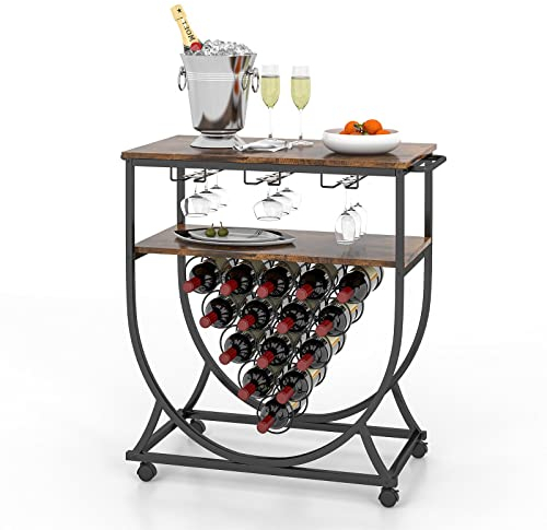 GIANTEX - Carro de vino de bar de metal con 2 estanterías, casillero para botellas de 15 botellas, postre industrial con portavasos para sala de estar, cocina, comedor, 82 x 40 x 82,5 cm, color marrón