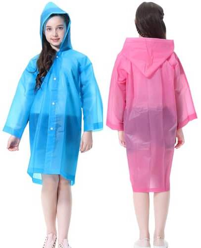 Rain Ponchos Raincoats for Kids, 2 Packs Rain Coats Jacket Reusable with Hood for Boys Girls Disney Hiking Camping Outdoor (US, Alpha, One Size, Regular, 1 Pink+1 Blue)