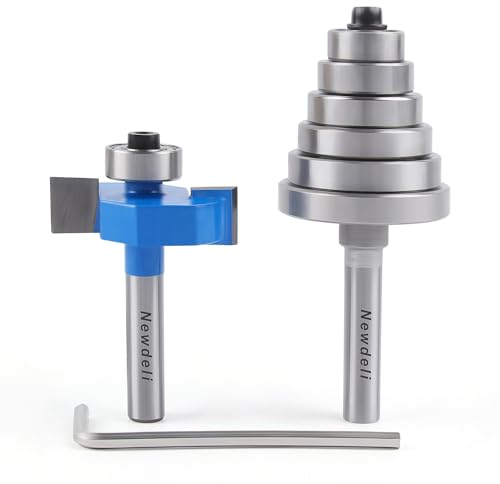 Newdeli 1/4 Inch Shank Rabbet Router Bit 3/8 Height with 6 Bearings Set (1/2, 5/8, 3/4, 7/8, 1, 1-1/8 Bearings) Wood Biscuit Slot Cutters