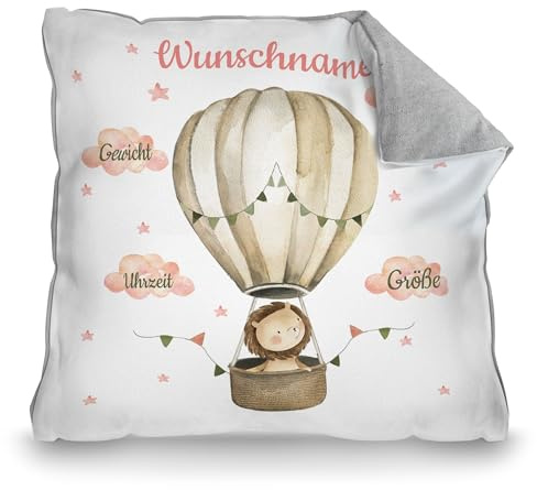 Print Royal PR Kissen zur Geburt mit Name und Geburtsdaten Personalisieren - Löwe im Heißluftballon - Personalisiertes Geschenk zur Geburt | 40 x 40 cm, Rückseite Pastellgrau