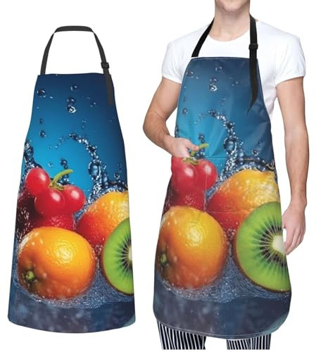 GFLFMXZW Schürze für Damen und Herren, wasserdichte Schürzen, Musiknoten, verstellbare Arbeitsschürze für Geschirr, Wassertropfen Obst, Einheitsgröße, Fruits Wassertropfen, One size