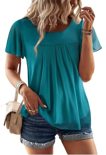 Zeagoo Mujer Chiffon Blusa de Manga Corta Plisada Top de Verano Cuello Redondo Blusa Ligera con Flores Túnica de Doble Capa Blusa Casual Camiseta Turquesa Talla XL