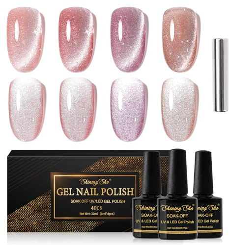 Shining She UV Nagellack CatEye,4 Farben Nude Rosa Hellviolett 9D Cateye Glitzer Gel Nagellack UV Set Mit Magnet,Gellack Soak-Off UV nagellack Set French Manicure DIY zu Hause,8ML