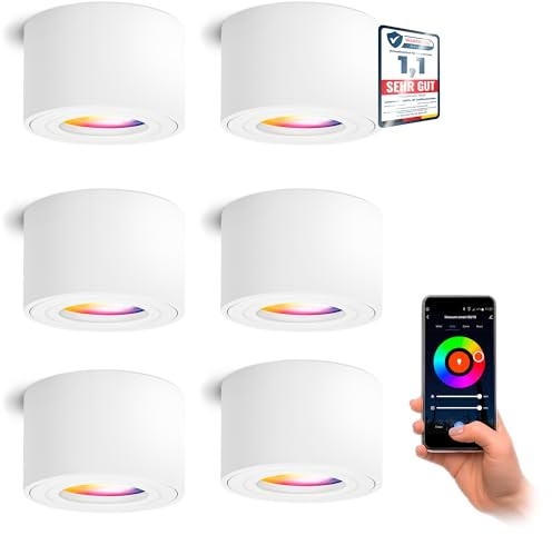 linovum SMOL Aufbauspot 6er Set weiß rund IP44 Smart LED WLAN RGBW App | Sechs smarte Deckenspots weiß IP44 - nur 65mm hoch, per App & Alexa steuerbar, RGB-Farblicht, für Bad & Küche, ohne Hub