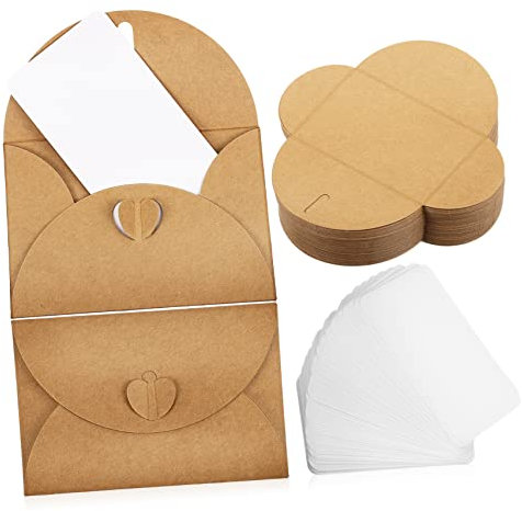 NUOBESTY Kraftpapier Umschläge mit Herzverschluss 10,5x7,1cm und Blankokarten 9x5cm Satz Vintage Umschläge zum Basteln von Gruß- Einladungs und Weihnachtskarten