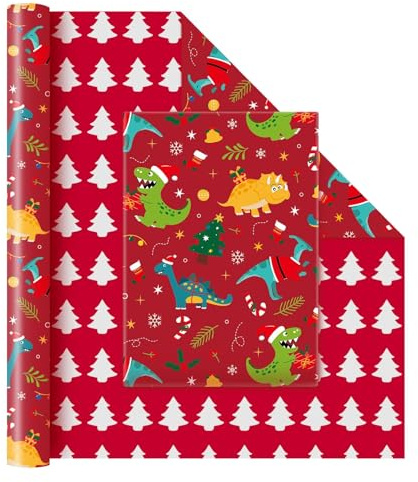 WERNNSAI Dinosaurier Weihnachtsgeschenkpapier – 1 Rolle 43 cm x 10 m Buntes Weihnachts und Silvestergeschenkpapier Dekorative Kunst mit niedlichem Dinosaurier Cartoon für Jungengeburtstage