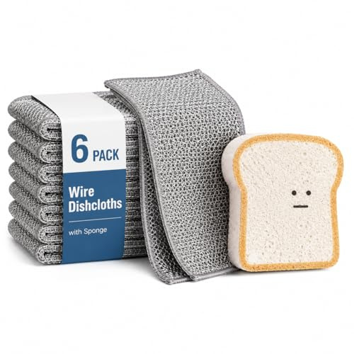 Non Scratch Wire Dish Cloth 6 Pack with 1pcs Kitchen Sponges for Dishes, Double Layer Wire Dish Washing Cloth,Powerful Cleaning Non-Scratch Wire Dishcloth Rag for Cookware, Sinks, Dishes, Stove Tops | 6 wire dishcloths plus 1 sponge for dishes, pots, pans, sinks, stovetops, counters, and daily kitchen cleaning.