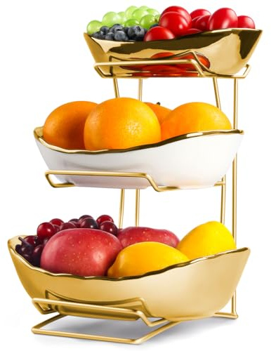 YUNLINLI Cuencos de cerámica para servir frutas de 3 niveles para encimera de cocina con soporte de metal, cesta de frutas para frutas, verduras, aperitivos, nueces, almacenamiento de postres (dorado)
