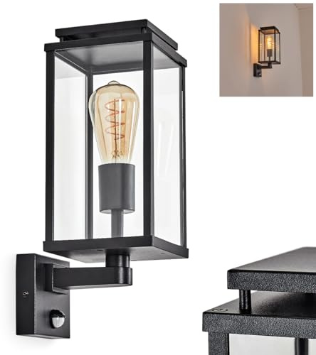 HOFSTEIN Außenwandleuchte Cadafaes, Außenleuchte mit Bewegungsmelder aus Metall/Glas in Schwarz/Klar, Wandlampe für Eingangsbereich/Hof, 1 x E27, ohne Leuchtmittel, IP44
