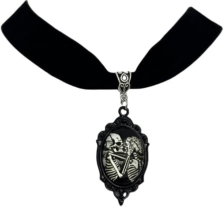 Niaspi Collier ras du cou avec pendentif tête de mort pour femme unisexe vintage rétro victorien camée mariage mariée princesse velours épais squelette gothique couple bijoux cadeaux d'Halloween,