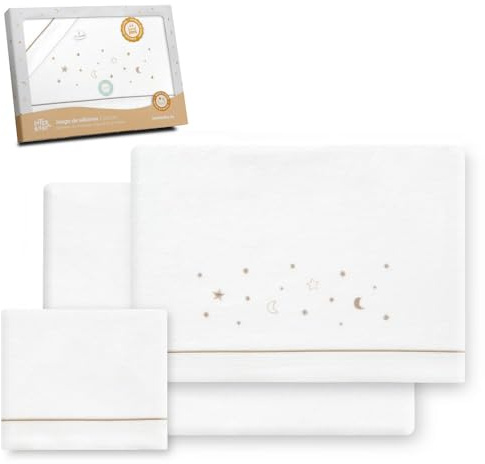 Interbaby Bettwäsche-Set für Kinderbett, 60 x 120 cm, 100% Baumwolle, warm, weich, inklusive Spannbettlaken, Bettbezug und Kissenbezug, ideal für den Winter, Sterne, Mond, Weiß/Beige