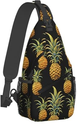 QVUEagriSJ Schultertasche für Damen und Herren, Crossbody-Rucksack, rosa Blumen, 1 Umhängetasche, Brusttasche für Reisen, Sport, Ananas-Druck auf schwarzem Hintergrund, Einheitsgröße, Sling-Rucksäcke