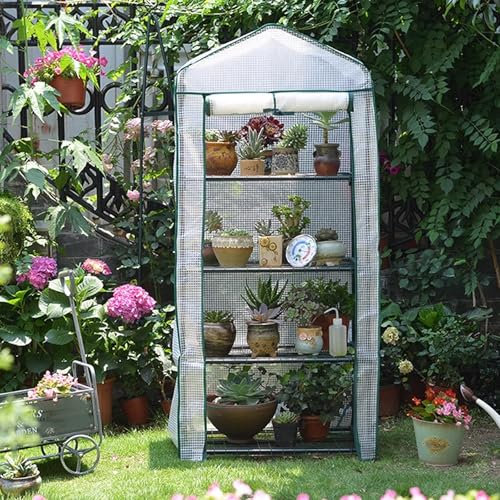 Invernadero Terraza Pequeño Invernadero de Interior de 2/3/4 Niveles, con Cubierta de PE Impermeable y Puerta Enrollable para Cultivo de Plantas Flores Macetas(Green,69 * 49 * 156cm)