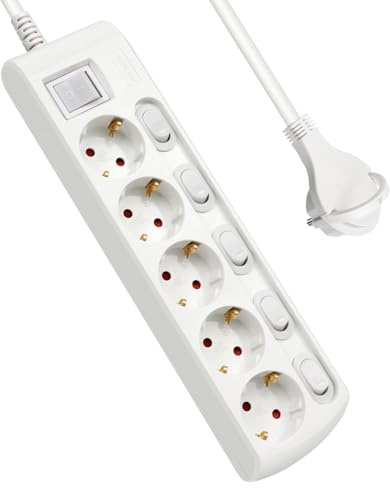 EXTRASTAR Regleta Alargador con 5 Enchufes + 5 Interruptor Individuales, 1 Interruptor Principal, Cable 1.5M Clavija Plana, para el hogar, Oficina y Viajes, 16A, 250V, 3680W, Blanco