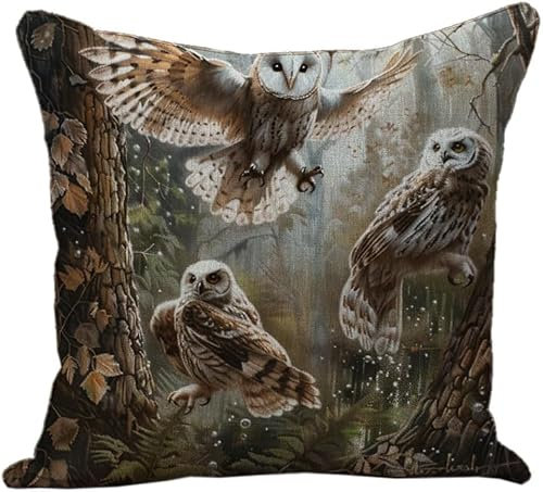 AxiangziK DIY Kreuzstichkissen,Eulen im Wald fliegen,Stickset,Kissenbezug,Stickset Anfänger Bastelsets für Erwachsene,Stickkissen,Handstickerei,18x18in