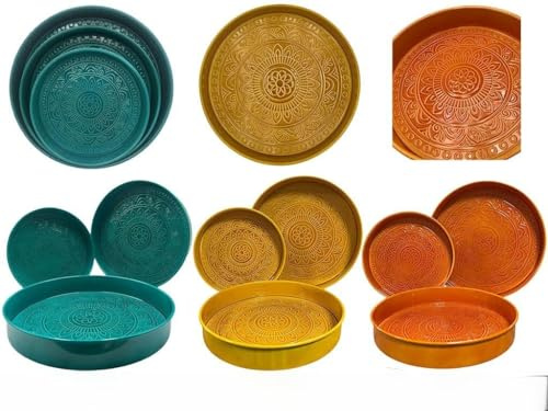 Juego de 3 bandejas decorativas de metal, diseño de Mandala, turquesa/amarillo/naranja, Ø 28/33,5/38 cm