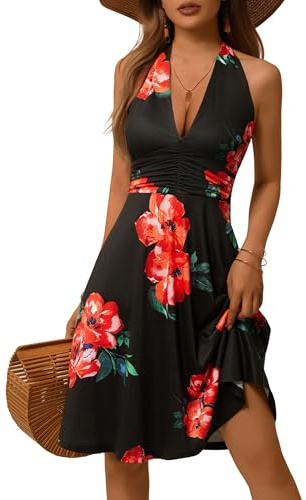 HUHOT Dresses for Women 2026 Elegant Classy Summer Wedding Guest Dress Spring Concert Outfits Curvy Sexy Vacation Halter Tropical Vestidos Casual para Mujer Red Floral Sun Sundress Beach
