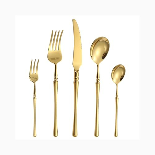 Bright Light Handle Kitchen Stainless Steel Silverware Tableware Flatware Cutlery Set Steak Knife Fork Spoon Teaspoon (Gold,5 Pieces)