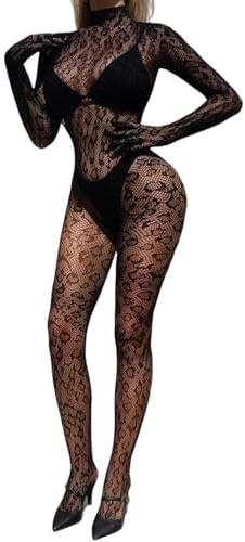 PARUPRUP Bodystocking Donna Sexy Lingerie Intimo Catsuit Pizzo Leopardato Rete Trasparente Tuta a Maniche Lunghe Fishnet Body con Calze Autoreggenti Completi Intimi Rave Discoteca Nero XS-XL