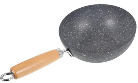 FUNNETOYU Sartén Calentamiento Wok de Hierro Pequeña Inoxidable Antiadherente Mango de Madera Uniforme y Uso Versátil para Cocina