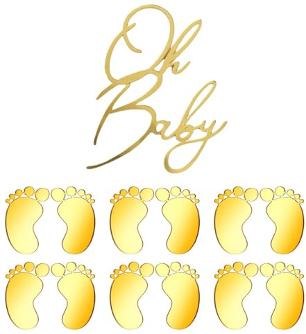 YUZNA Oh Baby Cake Topper,und 6 dekorative Fußabdrücke,Acryl Kuchen Topper Babyparty Tortendeko Windeltorte Gender Reveal Partydeko Kuchenaufsatz für Baby Shower (Gold)