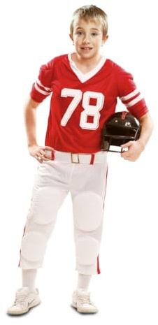 My Other Me - Costume giocatore rugby bambino, taglia 10-12 anni. Include maglietta rossa con numero 78, cintura e pantaloni bianchi con liste rosse e protettivi. Ideale per piccoli sportivi.