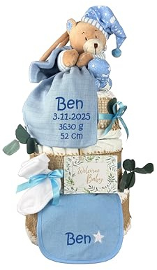 Grand gâteau de couches de qualité supérieure pour bébé garçon - Bleu - Avec boîte à musique - Ours en peluche et mousseline - 70 x 80 cm - 62 couches de protection de qualité supérieure - Taille 2
