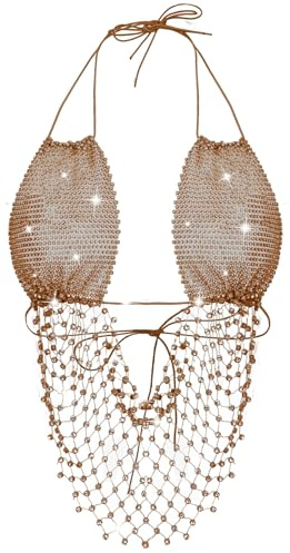 Adigau Donna Crop Top con Strass Glitterati Sexy Schiena Scoperta Elegante Tank Top Scintillante Festa Discoteca Outfit Festival Oro L