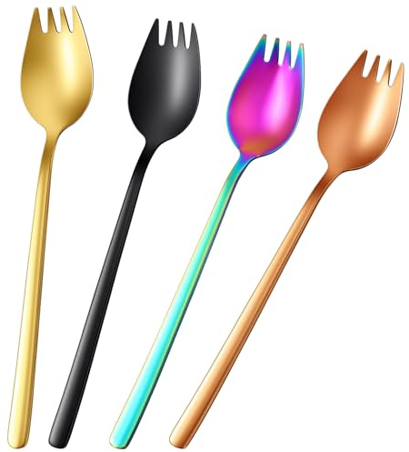 Sorcristy 4-Pack Food-Grade Stainless Steel Sporks, 7.5 Inches | Long Handle Salad Forks For Dessert, Ice Cream, Salad, Noodle, Spaghetti, Household Use, Camping, Hiking, Dishwasher Safe