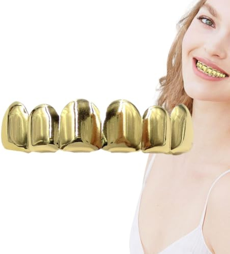 Gold Plated HipHop Tooth Grillz Top Bottom Set Copper Plated Gold Tooth | Tooth Set Portable Hip Hop Mouth Grillz for Christmas Party Cosplay Costumes Fashion Hip Hop Jewelry Accessories