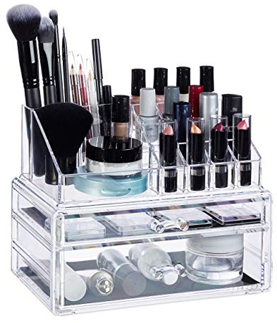 Relaxdays Make-Up Organizer mit 2 Schubladen, Kit für Lippenstift, Nagellack, Kosmetikregal Acryl, transparent Standard