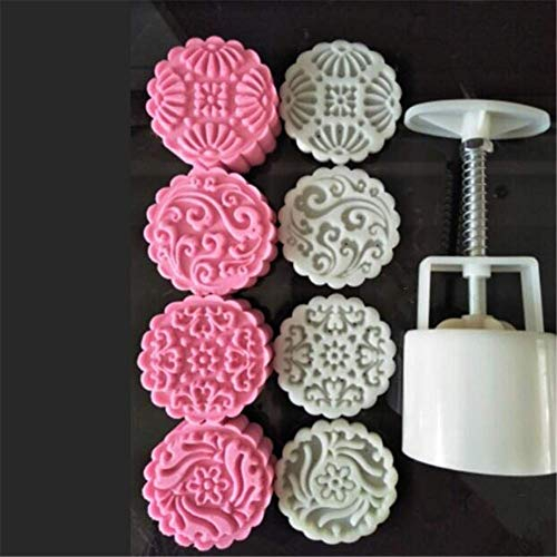 Plastic Mooncake Mold Set, Hand Pressure Maker Mould+100g Flower Mode Stamps Cake Plunger Kit, Round Cookies Cutter,Moon Cake Mould, Baking Pastry Tools,Mooncake Stamps Kitchen DIY Bakeware Supplies
