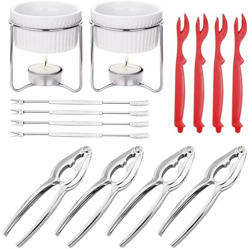 Seafood Tools Galletas cascanueces Calentadores de mantequilla de cerámica Set de 4 Galletas de langosta, 2 calentadores de mantequilla de cerámica, 4 cuchillos de langosta y 4 tenedores de cangrejo