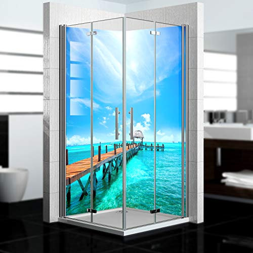 dedeco Eck-Duschrückwand wasserfest mit Ozean V6 Motiv UV-Lack matt - 2 x 90x200 cm, als Badrückwand zum Fliesenersatz, als Dekorwand, Wandverkleidung und Duschplatte aus Aluminium - Made in Germany
