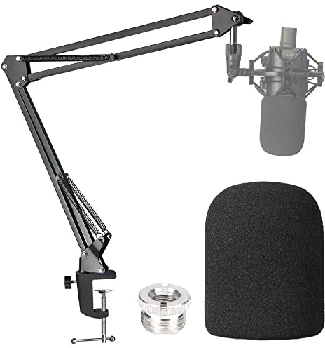 Audio-Technica AT2020 Mic Boom Arm with Foam Windscreen, Suspension Boom Scissor Arm Stand with Pop Filter Cover for Audio-Technica AT2020 Microphone by SUNMON