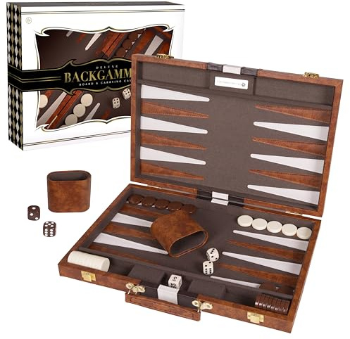 Premium Backgammon 15 Inches Medium Brown - Backgammon Sets for Adults and Kids - Leatherette Back Gammon Board Game Set - Travel Backgammon Set Board Encased with Accessories