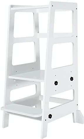 Zytty Toddler Step Stool Toddler Kitchen Stool, Adjustable-Height Toddler Tower Stool Kitchen Wooden Helper Step Stools for Kids, White