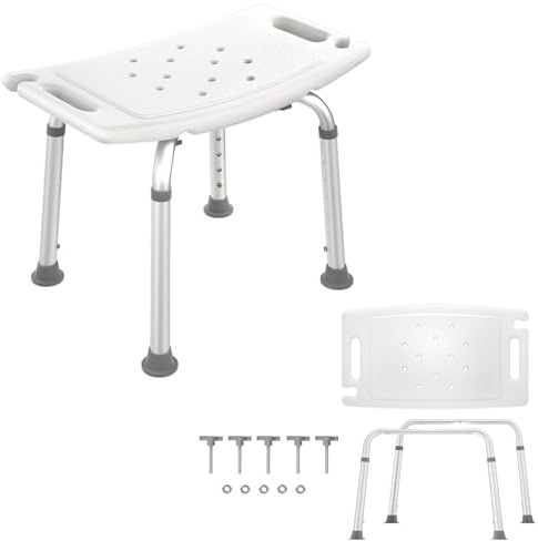 Aufun Shower Chair Shower Stool Shower Seat Height Adjustable 38-53 cm, Aluminium Bath Stool for Elderly, Children and Pregnant Women, White